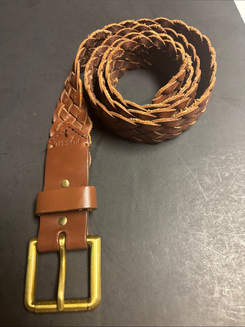 Vintage Fossil Woven Leather Men's Belt in Cognac Brown with Brass Buckle